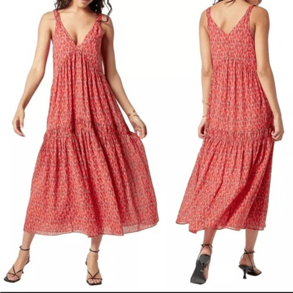 Joie Tiered‎ A-Line Midi Dress Women's M Red Boho Cottagecore Peasant Sundress